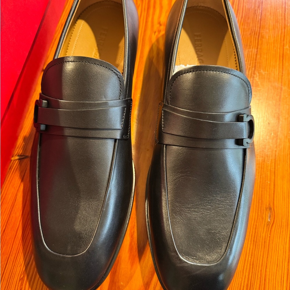 New in Box: Ferragamo Black Calfskin Moccasin with Gancini ornament